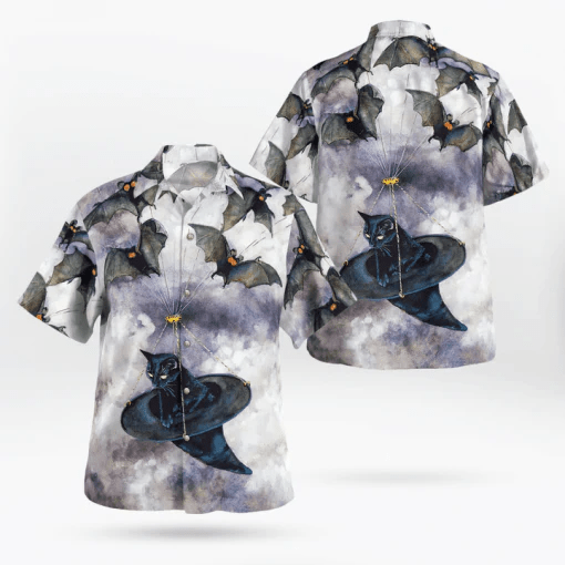 Hawaiian Shirt with Cute Witch’s Cat and Bats for Halloween