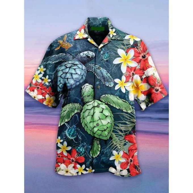 Hawaiian Shirt with Delicate Sea Turtle Floral Design