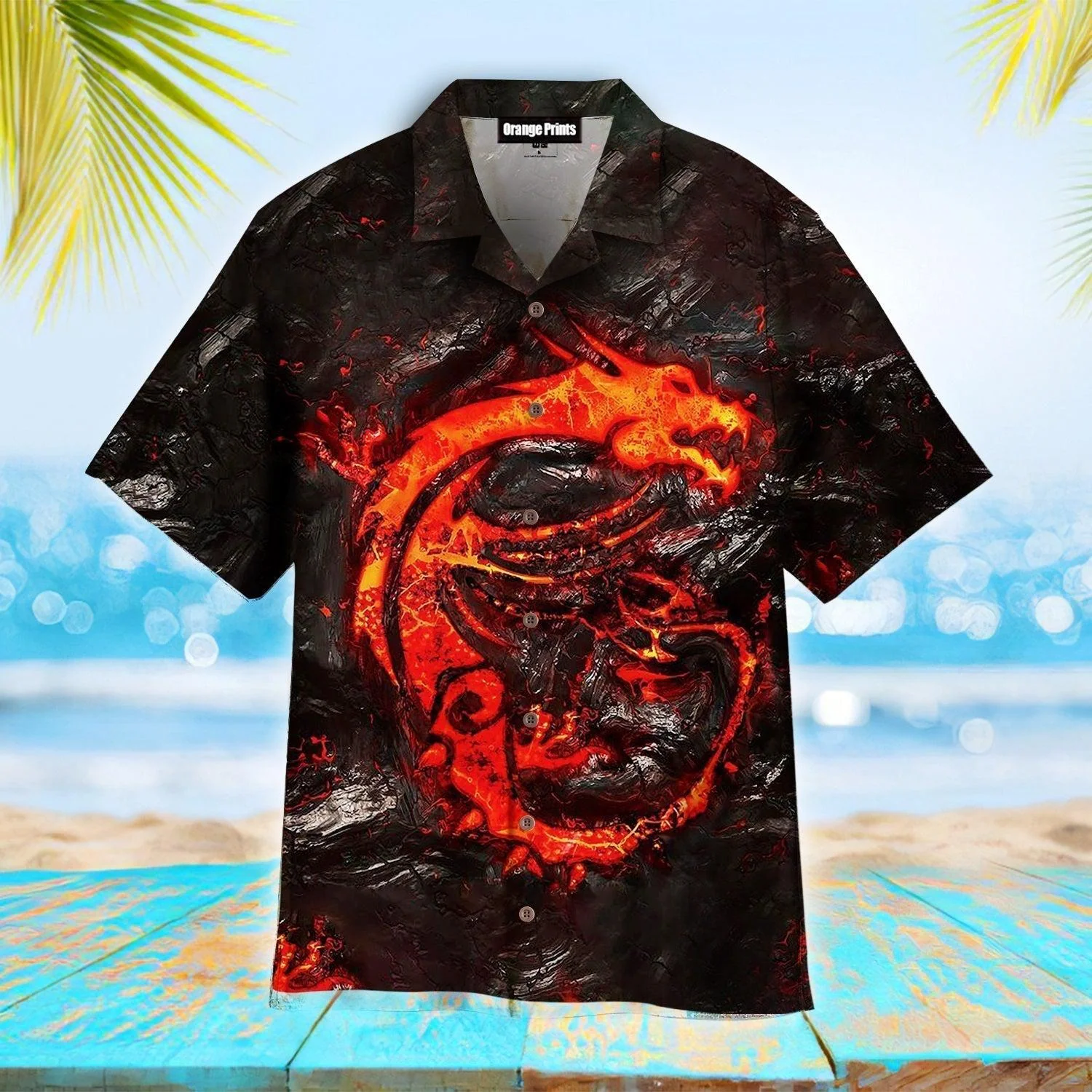 Hawaiian Shirt with Fiery Red Dragon Illustration