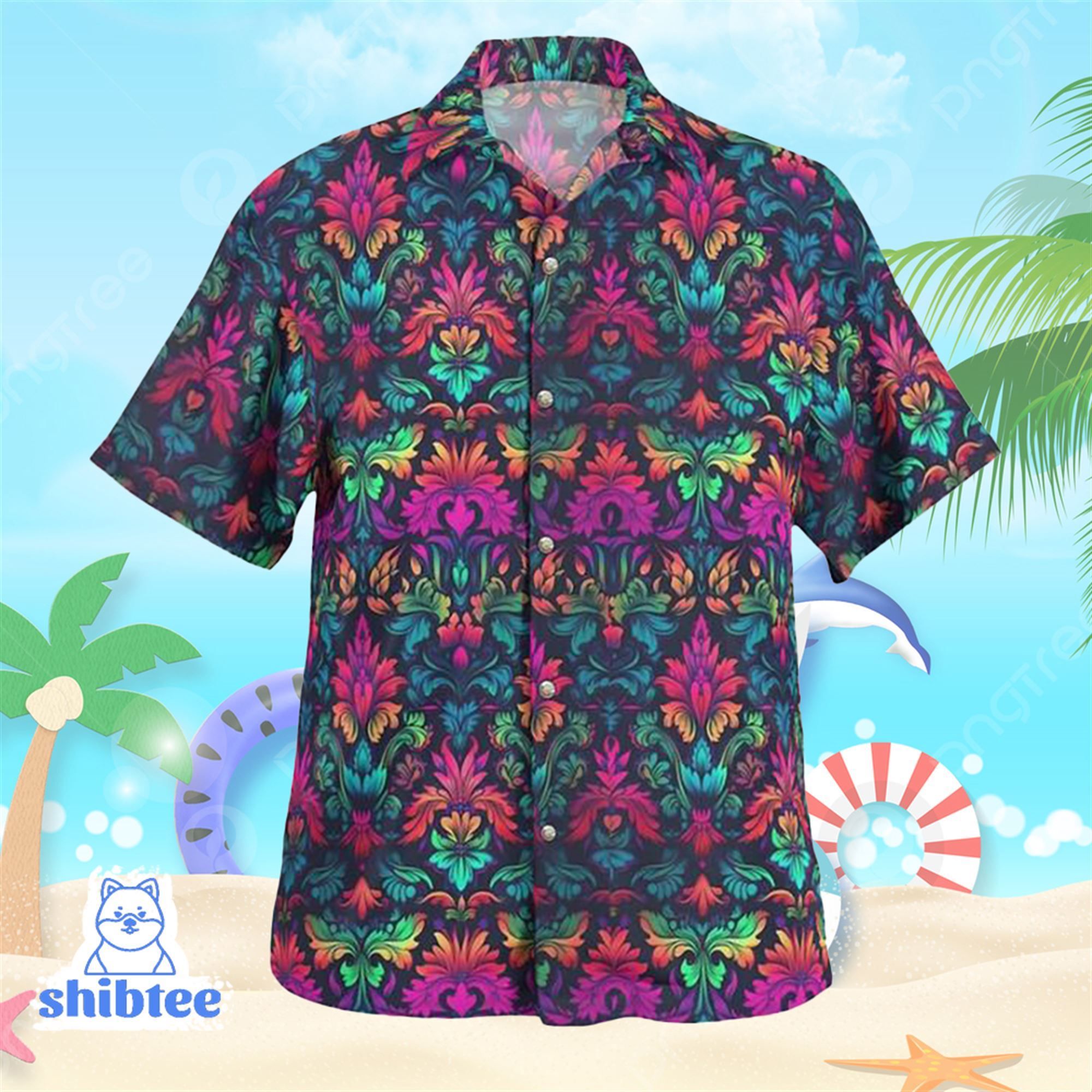 Hawaiian Shirt with Neon Rainbow in Damask Style