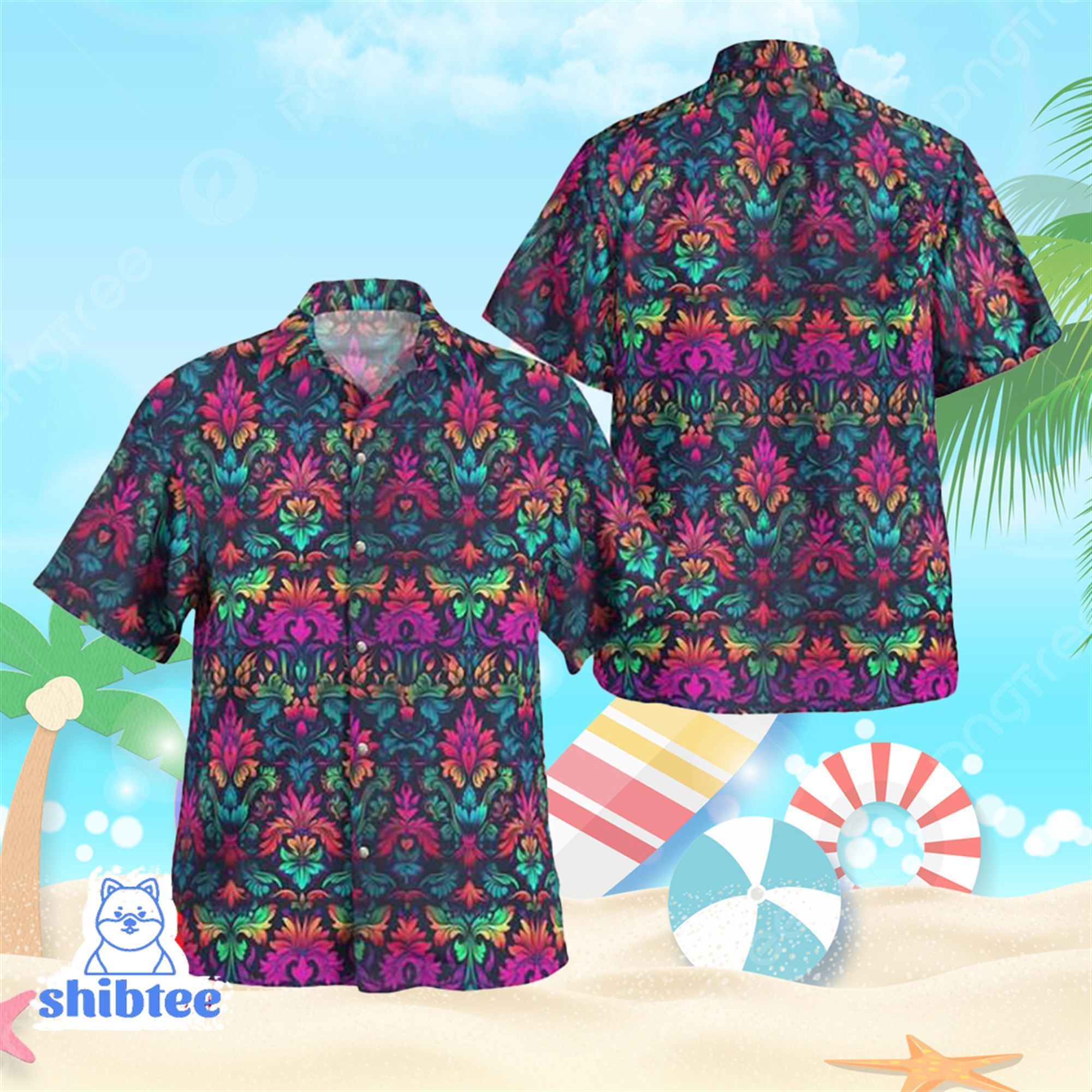 Hawaiian Shirt with Neon Rainbow in Damask Style