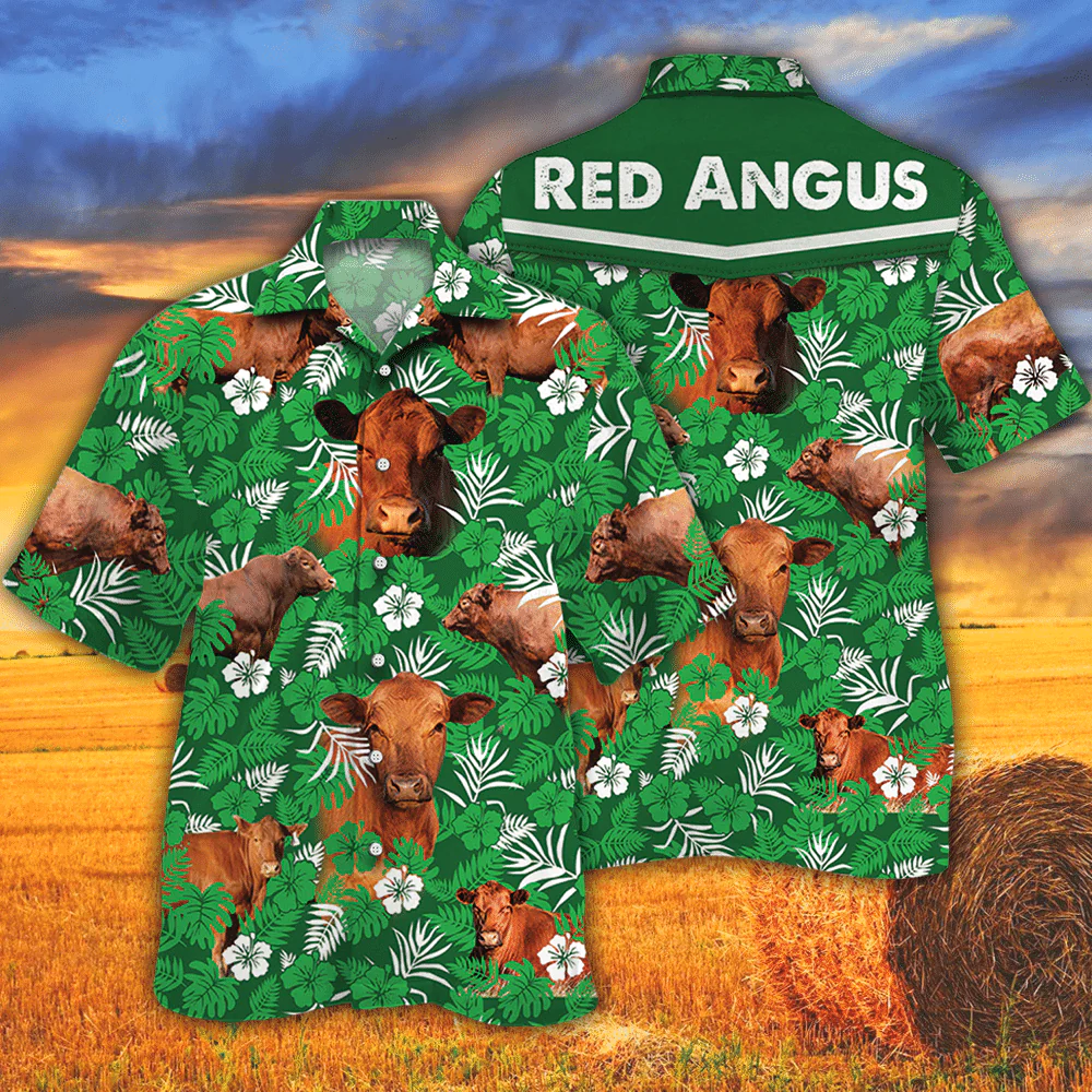 Hawaiian Shirt with Red Angus Cattle in Lush Green Floral Setting