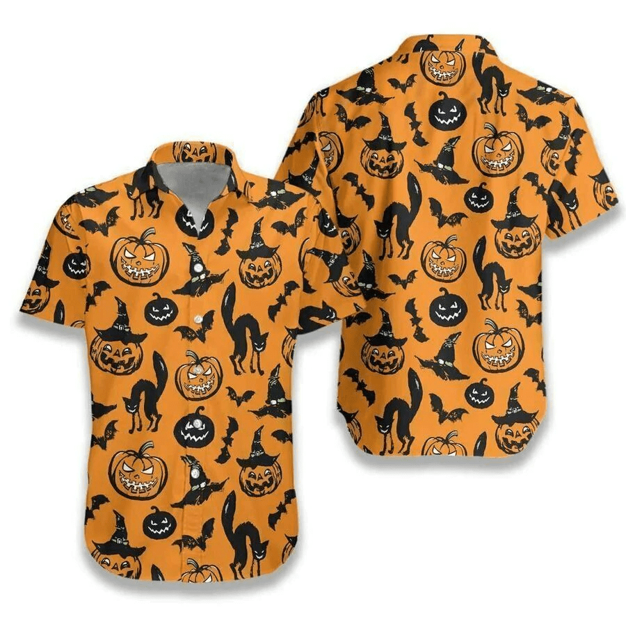 Hawaiian Shirt with Scary Black Cat Theme for Halloween