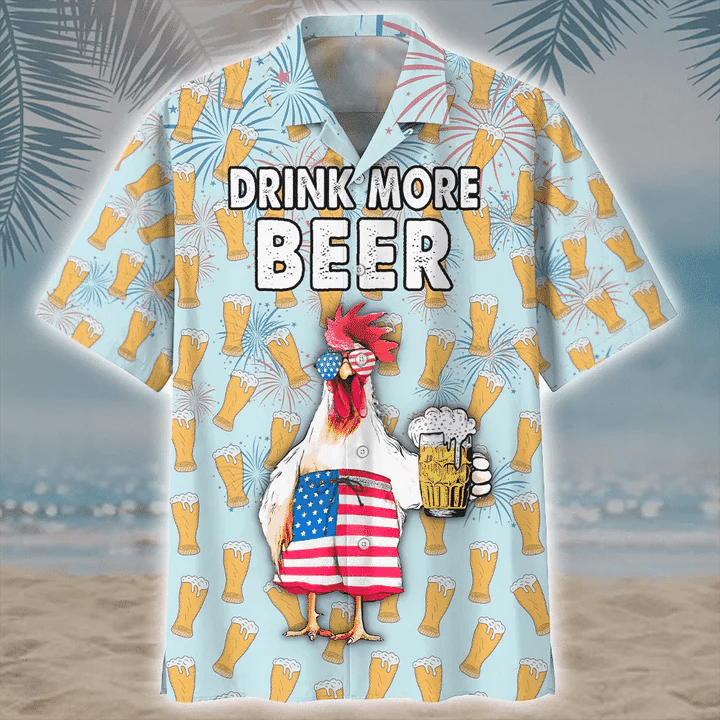 Hawaiian Shirt with Watercolor Chicken and Beer Art