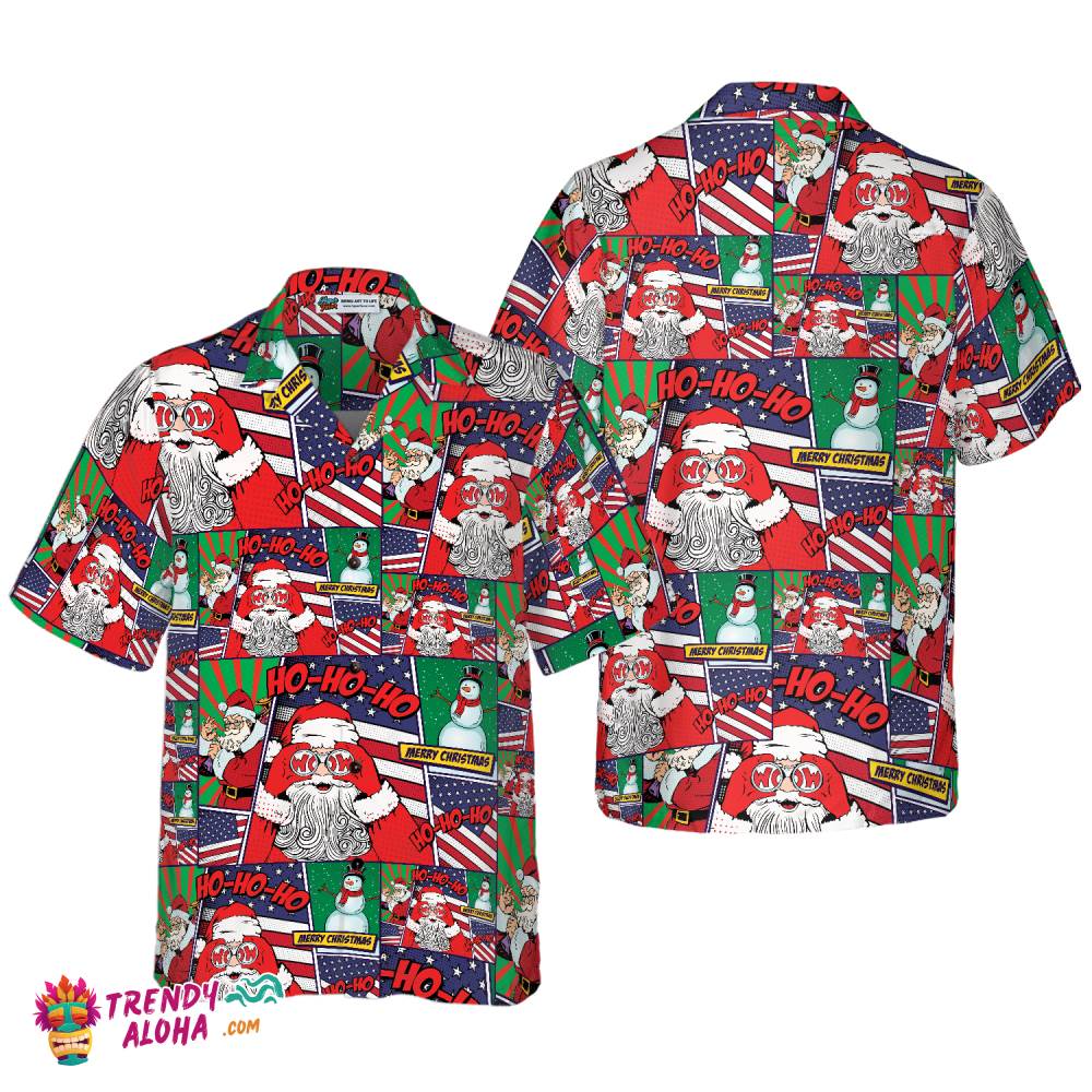 Hawaiian Shirts, Santa With American Flag Comic Style Shirt Short Sleeve, Christmas Shirt Idea Gift For Men And Women Hawaiian Shirts, Santa With American Flag Comic Style Shirt Short Sleeve, Christmas Shirt Idea Gift For Men And Women
