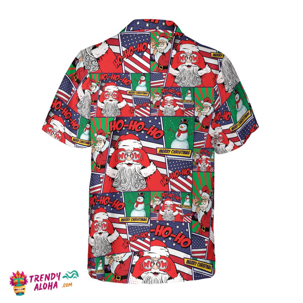 Hawaiian Shirts, Santa With American Flag Comic Style Shirt Short Sleeve, Christmas Shirt Idea Gift For Men And Women