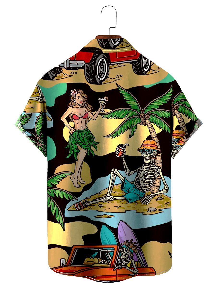 Hawaiian Short Sleeve Shirt Tropical Palm Skull Button Shirt
