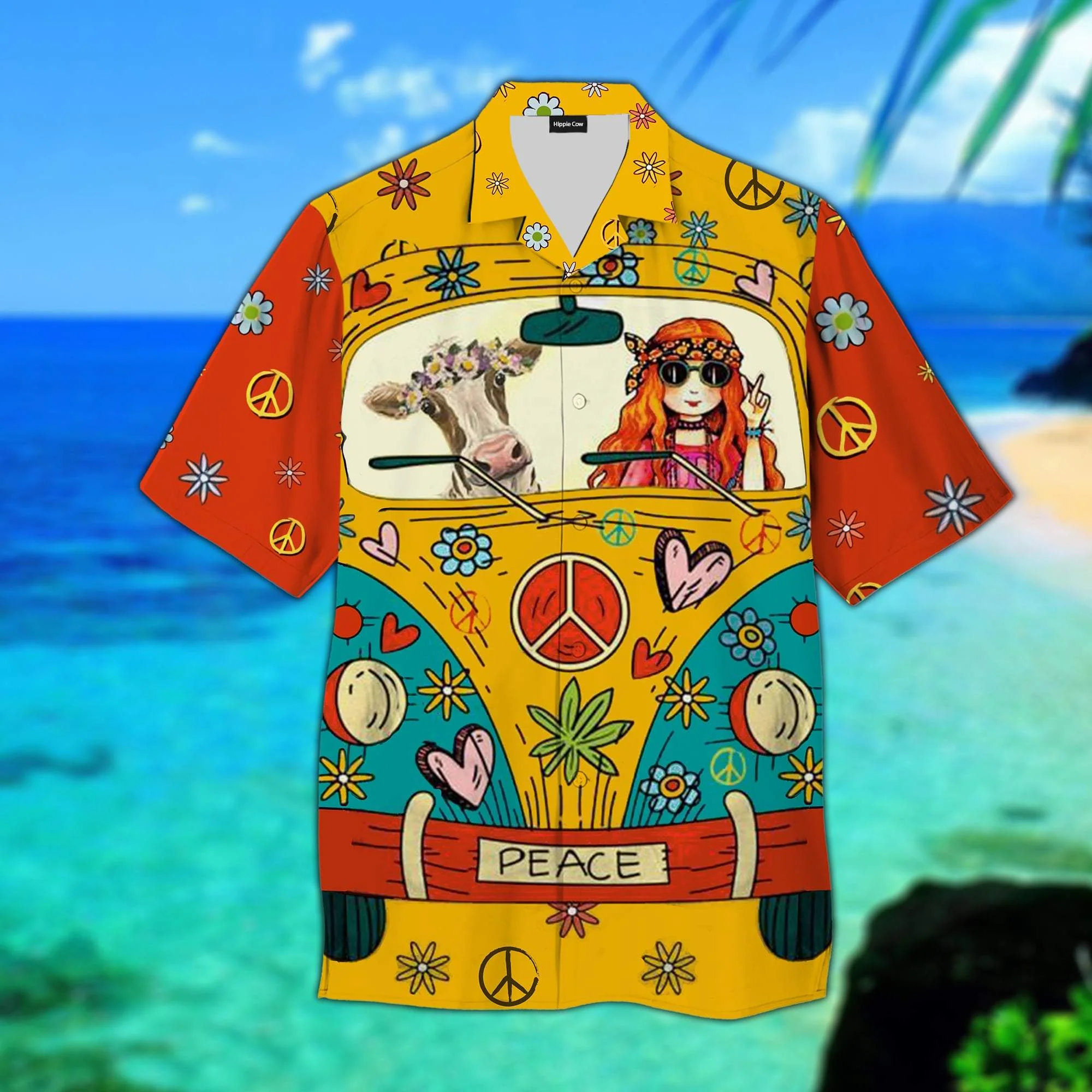 Hawaiian Summer Shirt with 3D Hippie Cow Design