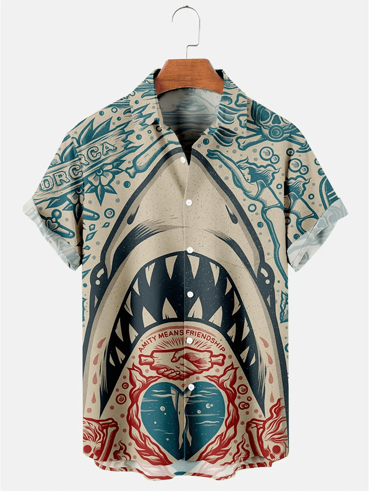 Hawaiian Vintage Shark Print Men’s Trendy Hawaiian Shirt, Independence Day Trendy Hawaiian Shirt