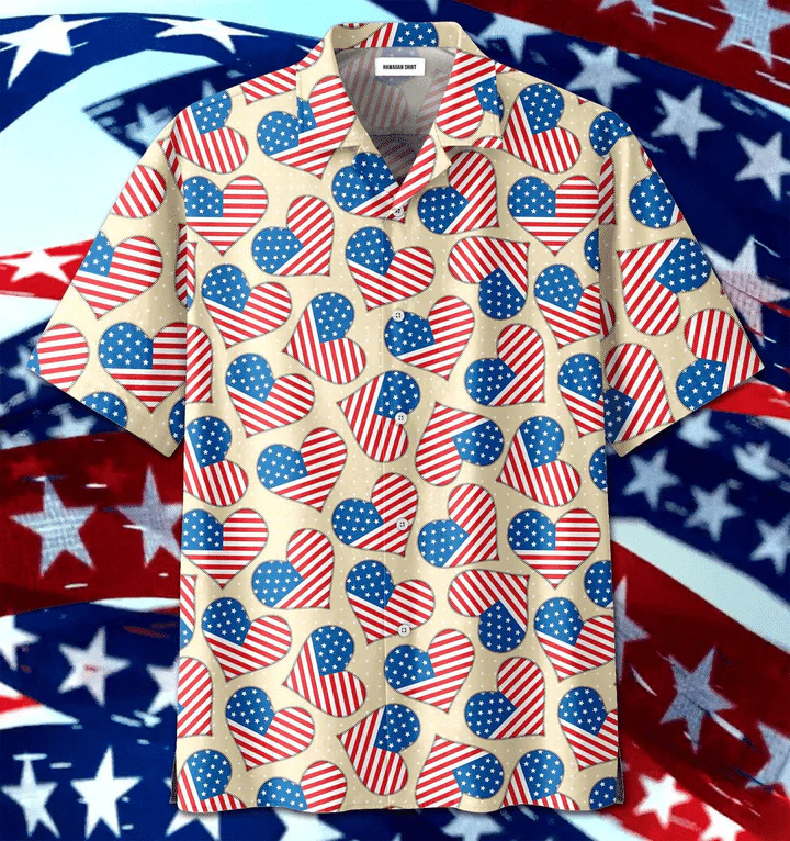 Heart Pattern Independence Day Patriotic Trendy Hawaiian Shirt