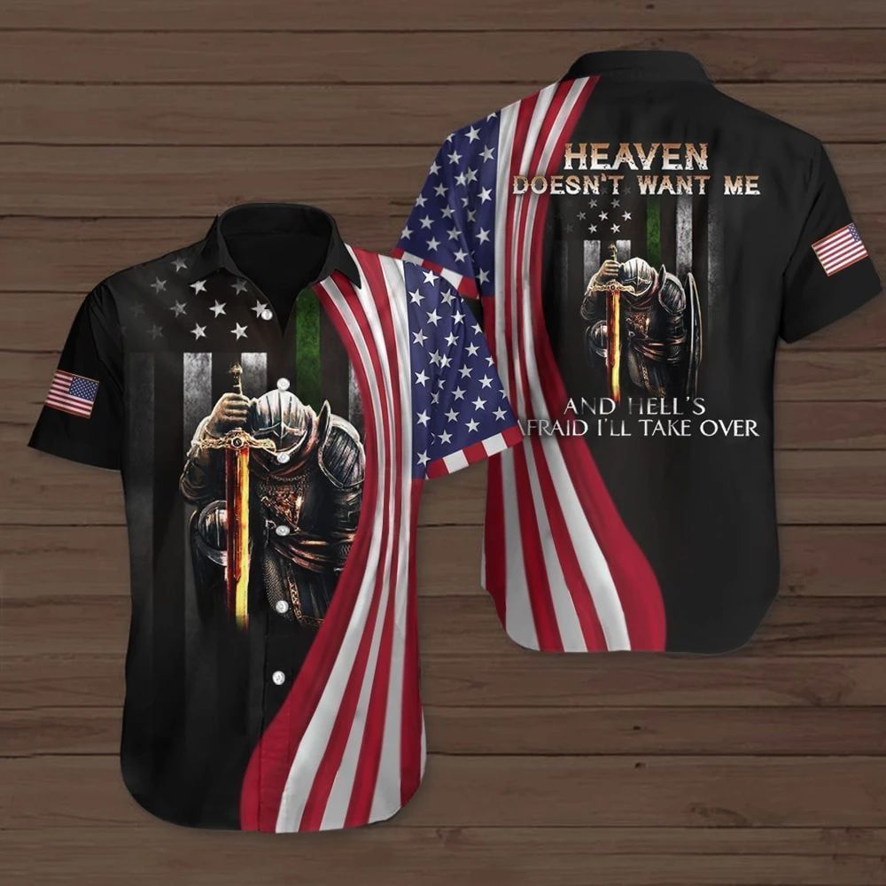 Heaven Doesn’t Want Me Patriotic Hawaiian Shirt Thin Green Line American Flag Veteran Gift