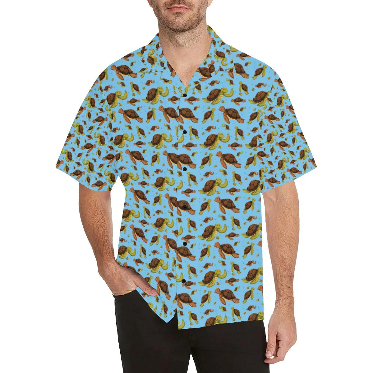 Hello Sea Turtle Print Pattern Trendy Hawaiian Shirt, Turtle Lover Trendy Hawaiian Shirt For
