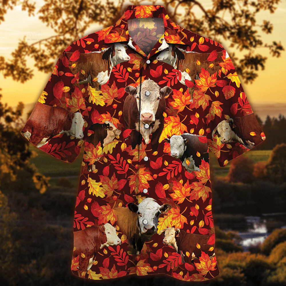 Herefold Cattle Autumn Leaves All Over Printed 3D Hawaiian Shirt