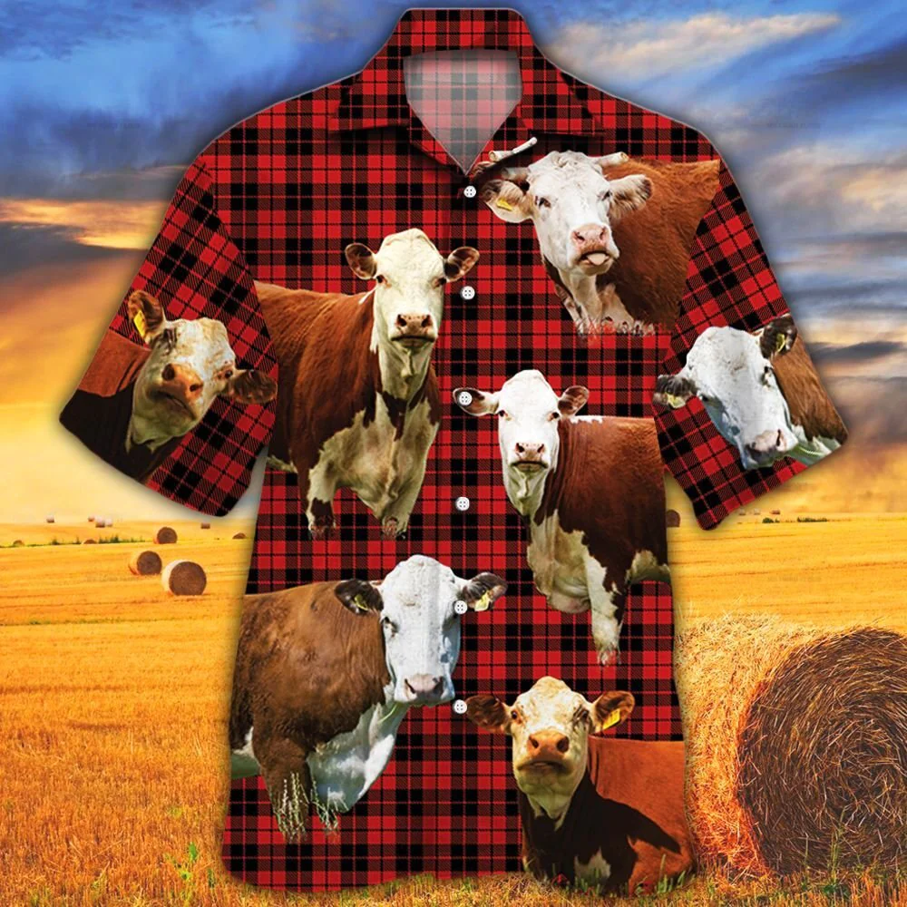 Herefold Cattle Red Tartan Pattern All Over Printed 3D Hawaiian Shirt