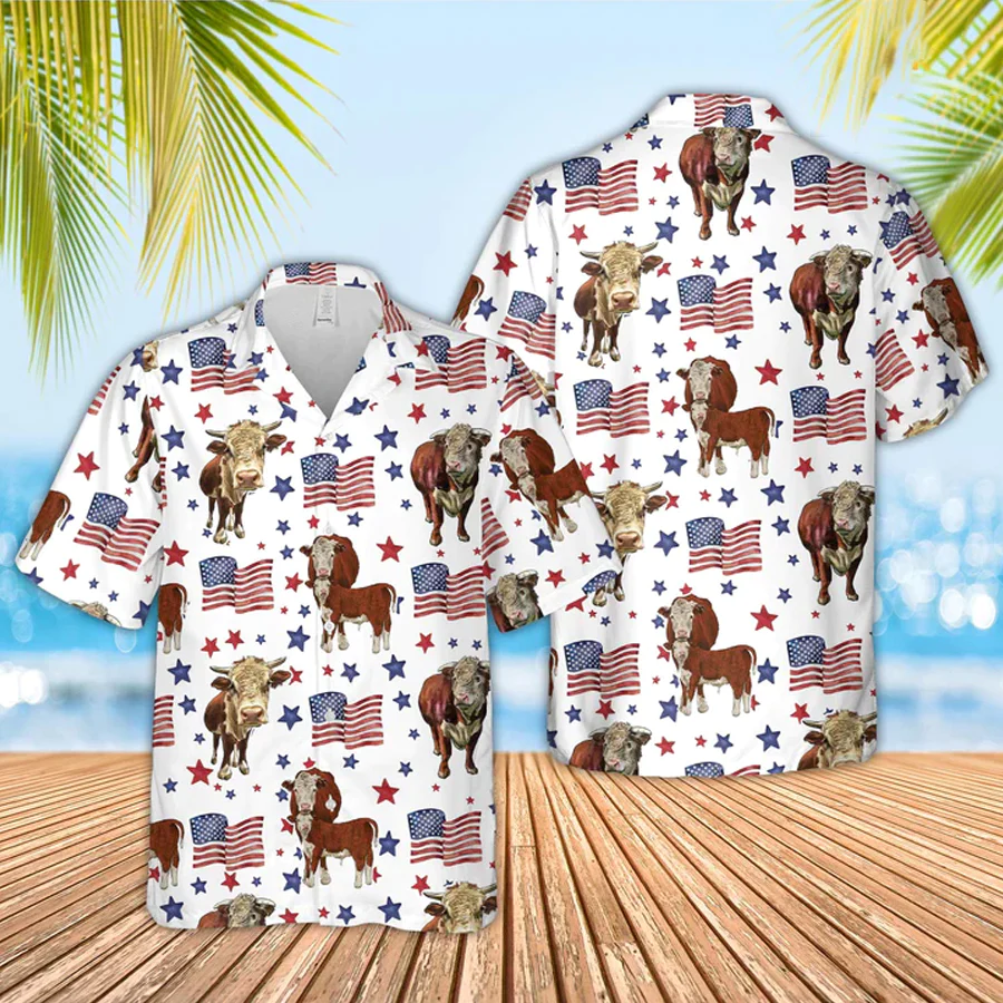 Hereford American Flag Pattern Trendy Hawaiian Shirt For Men And Women, 4Th Of July Trendy Hawaiian Shirt