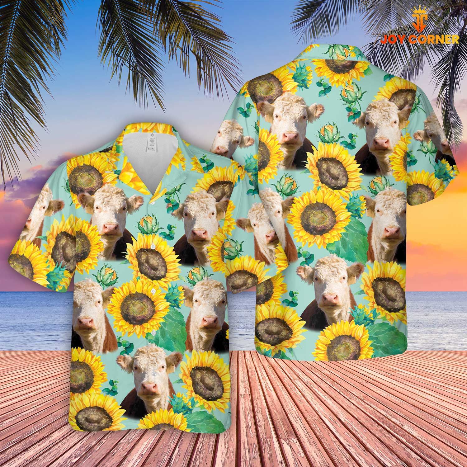 Hereford Among Sunflowers Unique Floral Farm Hawaiian Shirt 3D