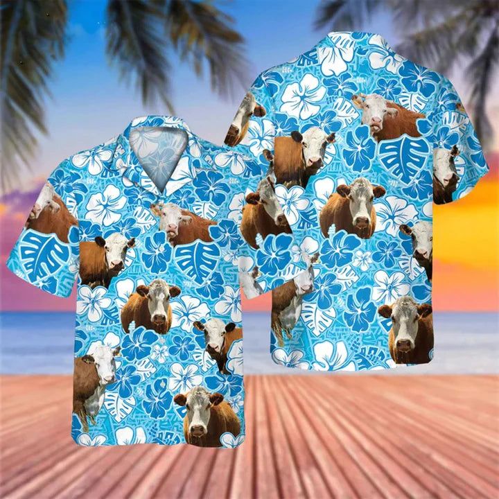 Hereford Blue Floral Cow Hawaiian Shirt Hereford Blue Floral Cow Hawaiian Shirt