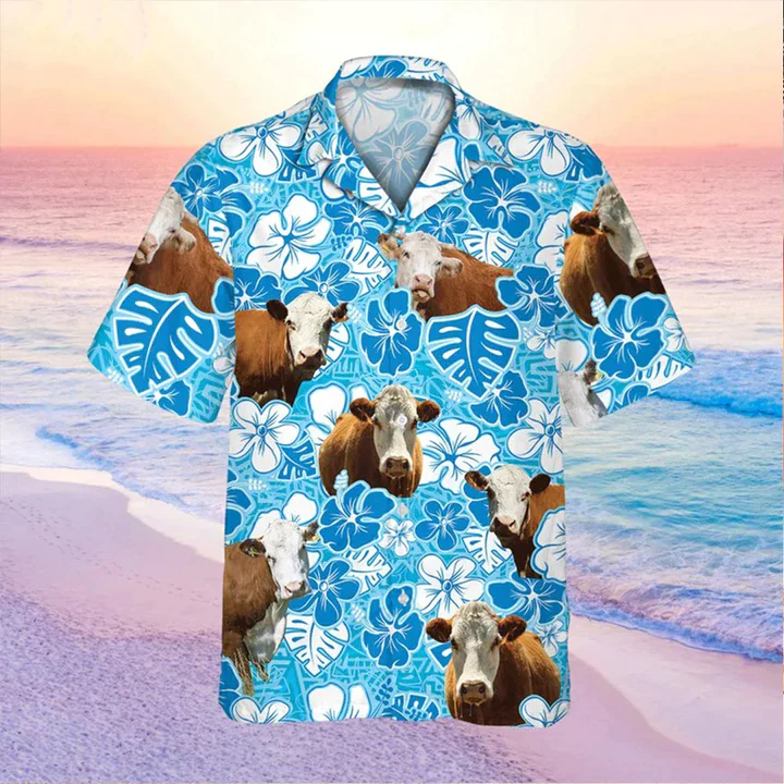 Hereford Blue Floral Trendy Hawaiian Shirt, Cow Hawaii Shirt, Cow Lovers Shirt For Men