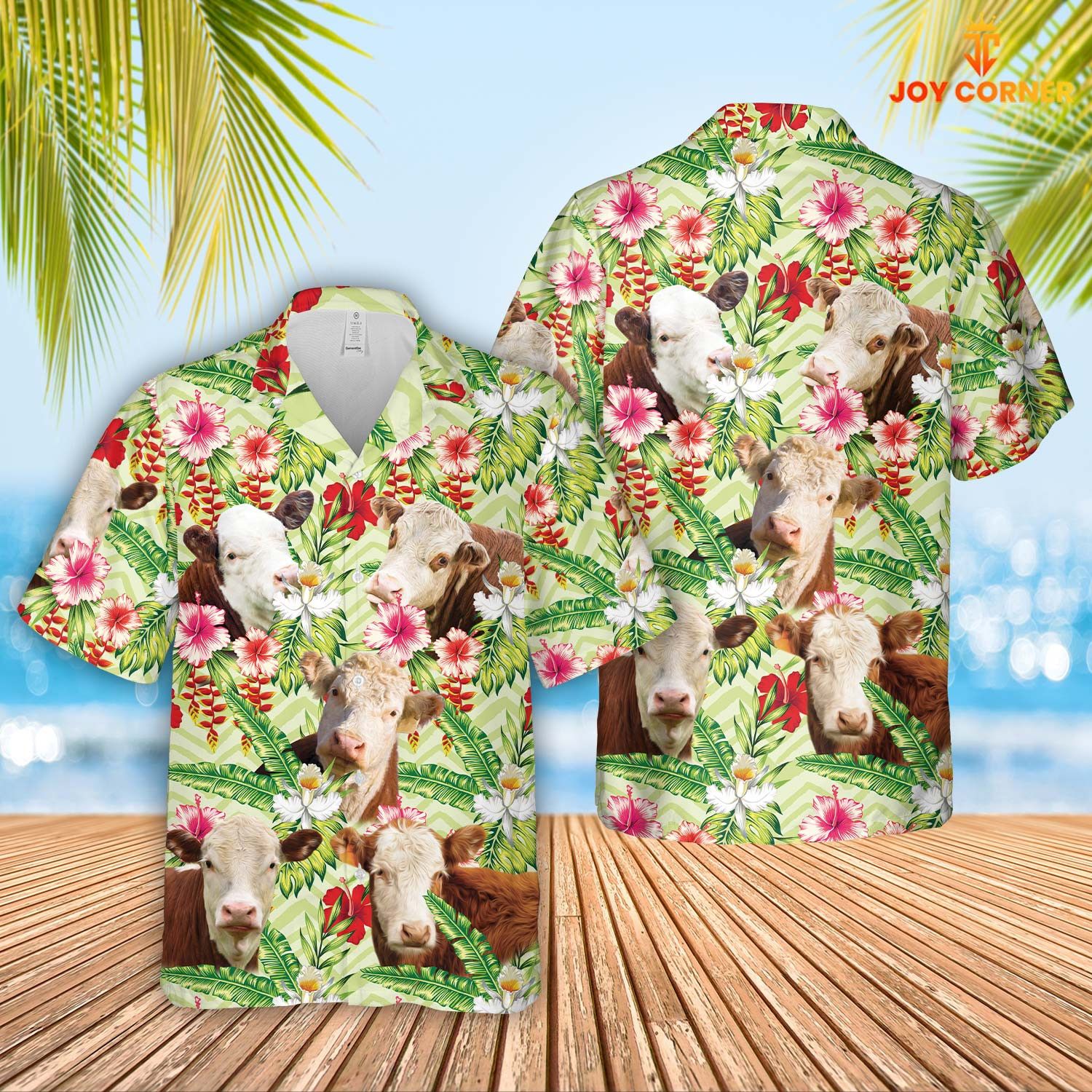Hereford Breed Hawaiian Shirt Highlighting Hibicus Florals In 3D Print Design