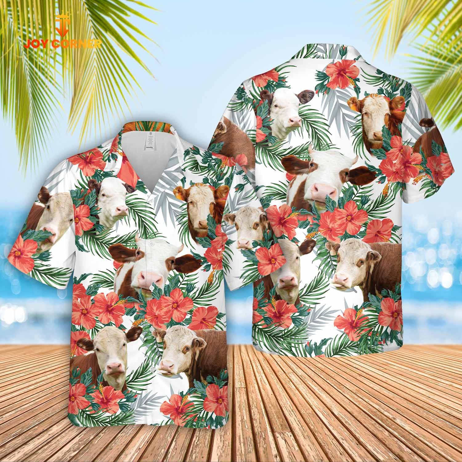 Hereford Breed Hawaiian Shirt Showcased In Floral Beauty Premium Print Design