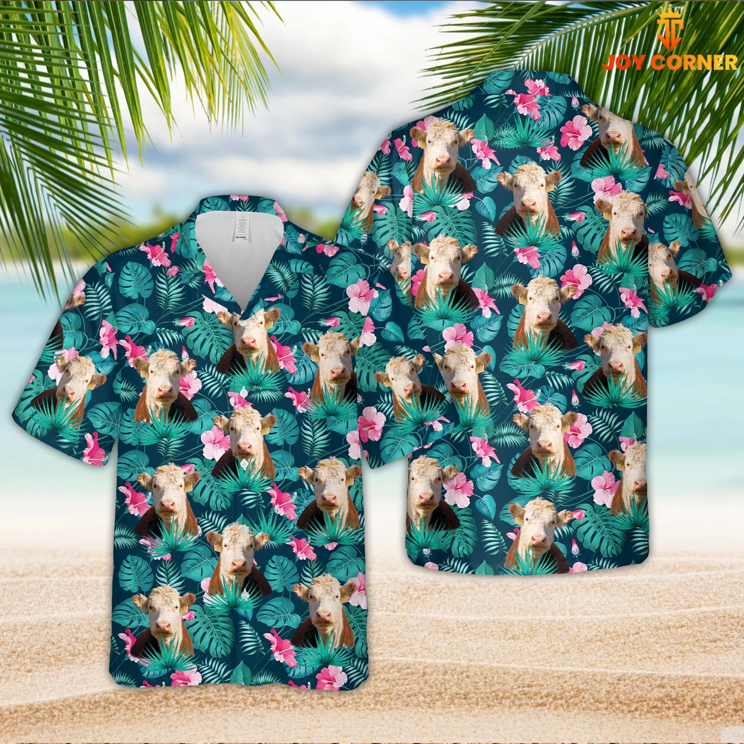 Hereford Breed Hawaiian Shirt Showcasing Blue Summertime Florals 3D Print Design