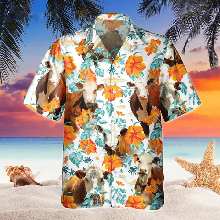 Hereford Bright Hibiscus Flowers Trendy Hawaiian Shirt, Cow Hawaii Shirts Men, Flowers Aloha Shirt For Cow Lovers