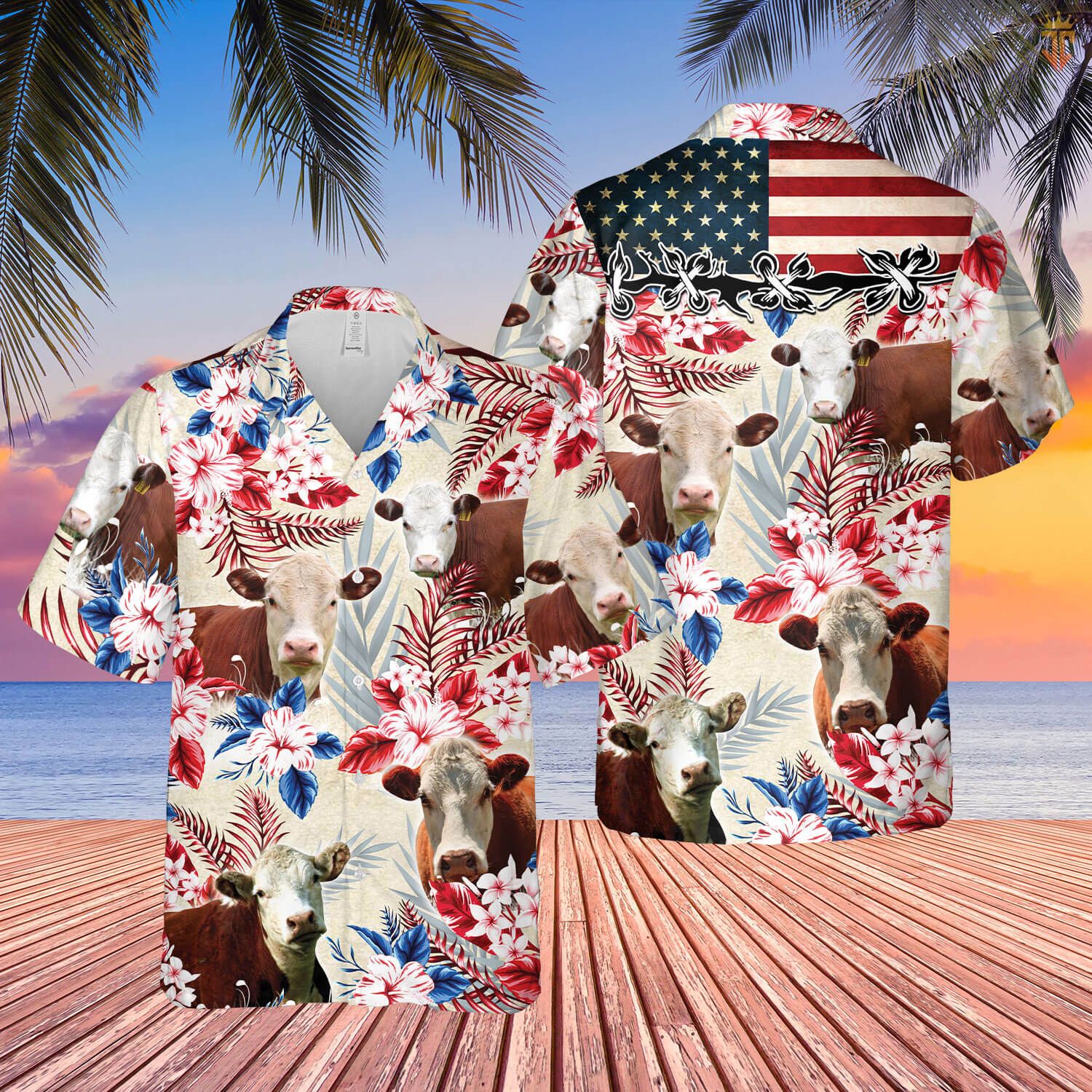Hereford Cattle American Flag Hawaiian Flowers All Over Printed 3D Hawaiian Shirt