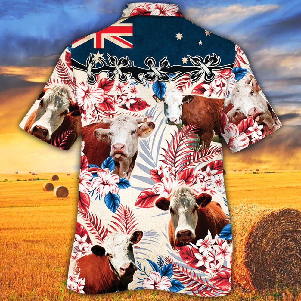 Hereford Cattle Australian Flag Hawaiian Flowers All Over Printed 3D Hawaiian Shirt