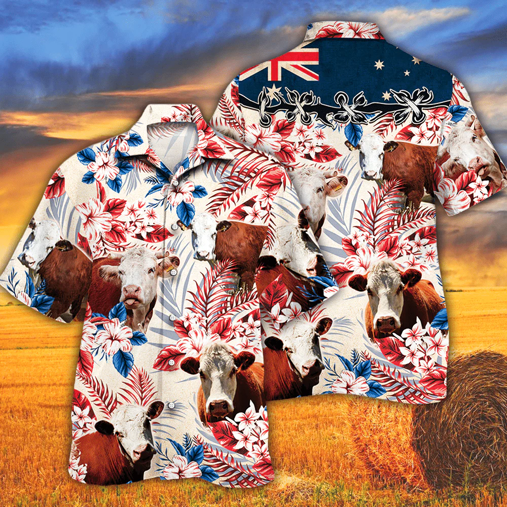 Hereford Cattle Australian Flag Hawaiian Flowers All Over Printed 3D Hawaiian Shirt Hereford Cattle Australian Flag Hawaiian Flowers All Over Printed 3D Hawaiian Shirt