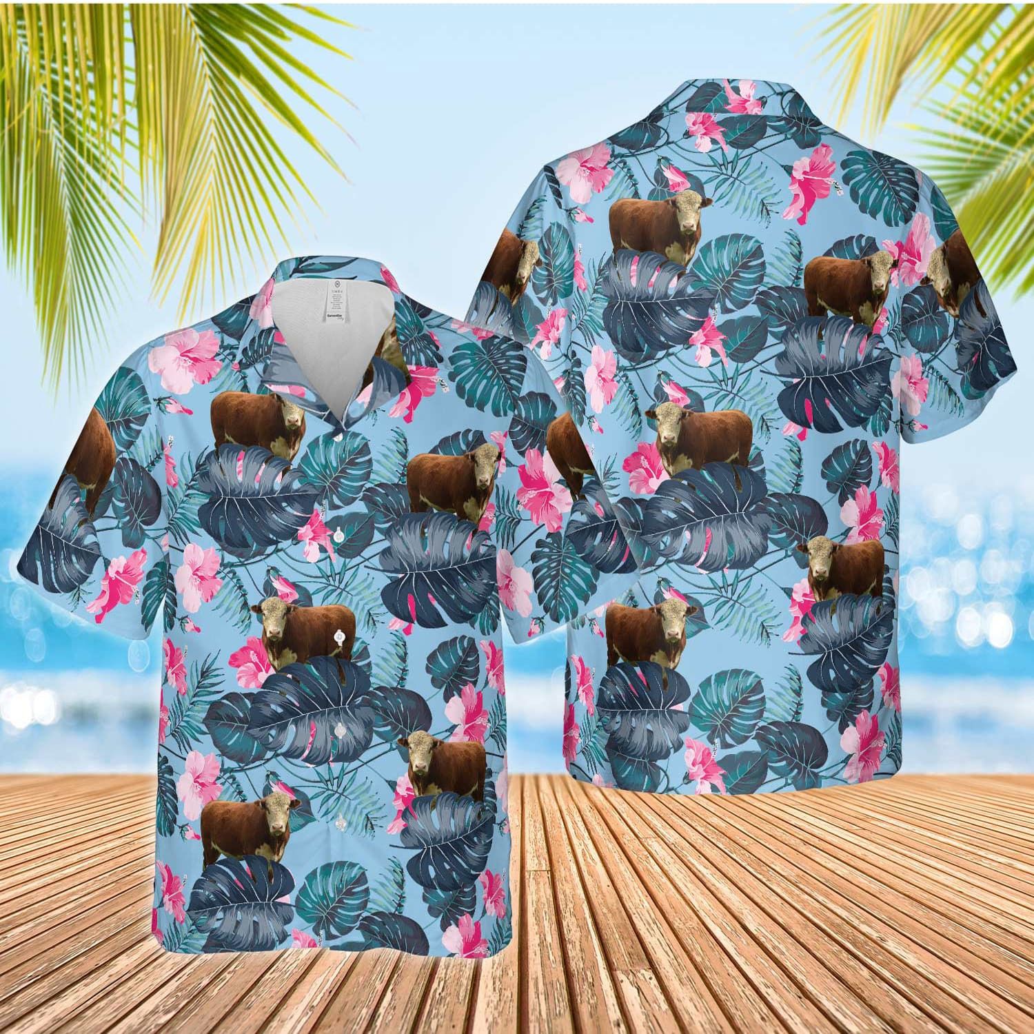 Hereford Cattle Enhanced With Blue Hibiscus Hawaiian Shirt