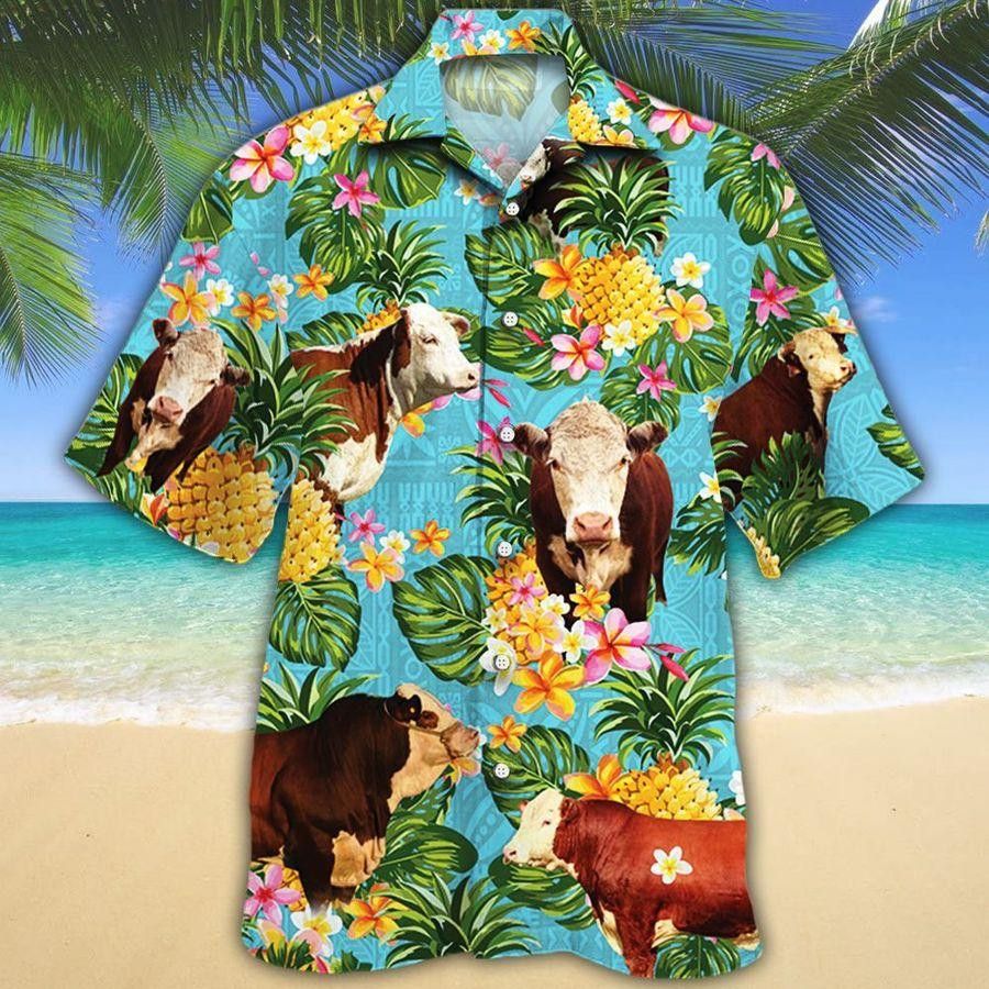 Hereford Cattle Hawaiian Shirt and Pineapple Summer Fiesta
