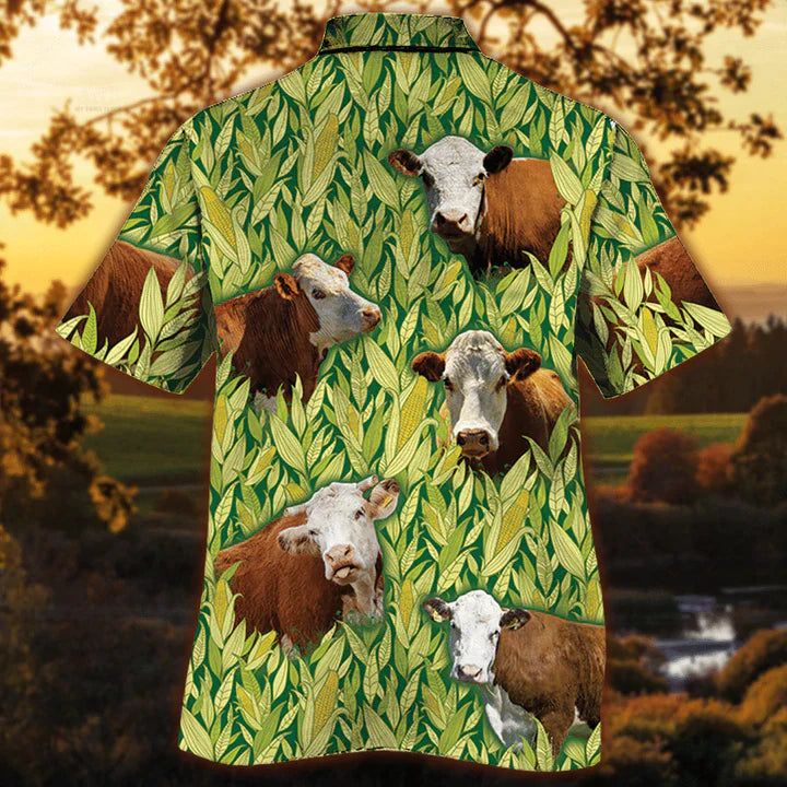 Hereford Cattle Hawaiian Shirt Men, Cow Lovers Short Sleeve Hawaiian Aloha Shirt