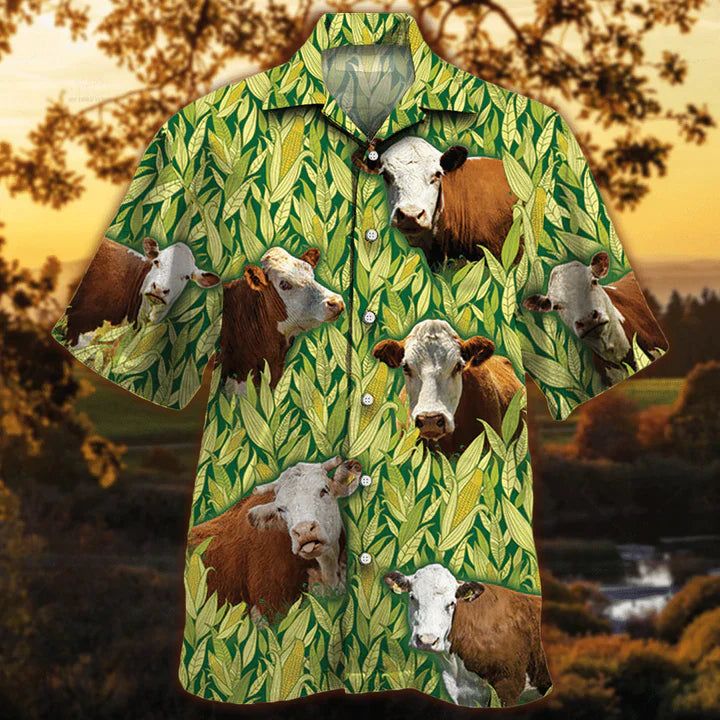 Hereford Cattle Hawaiian Shirt Men, Cow Lovers Short Sleeve Hawaiian Aloha Shirt