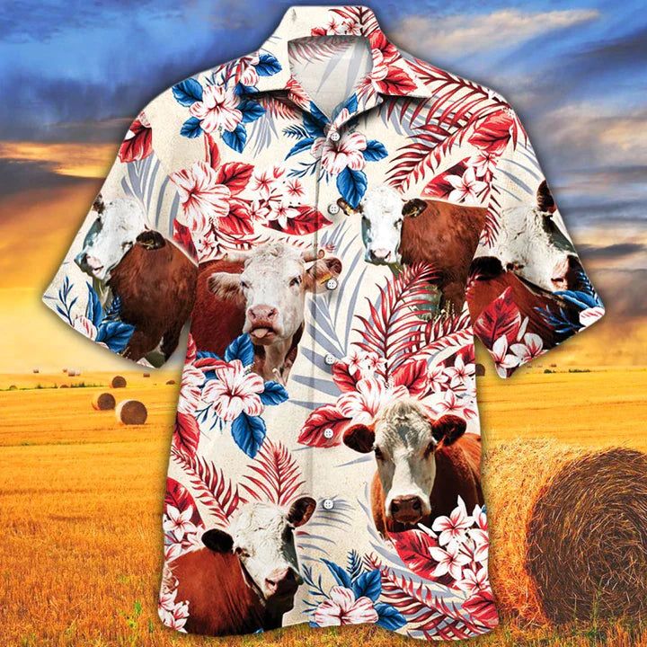 Hereford Cattle Lovers American Flag Hawaiian Shirt, Cow Flower Aloha Shirt, Hawaiian Shirt Men, Women