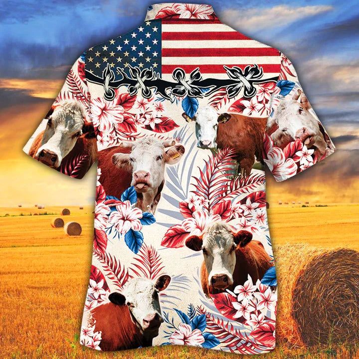 Hereford Cattle Lovers American Flag Hawaiian Shirt, Cow Flower Aloha Shirt, Hawaiian Shirt Men, Women