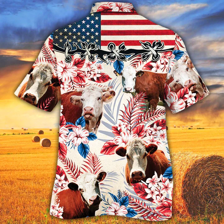 Hereford Cattle Lovers American Flag Trendy Hawaiian Shirt, Cow Flower Aloha Shirt, Trendy Hawaiian Shirt Men, Women