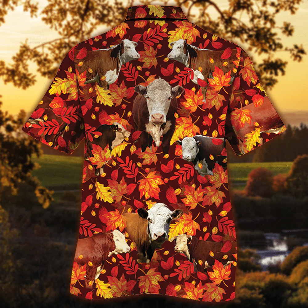 Hereford Cattle Lovers Autumn Red Leaves Trendy Hawaiian Shirt, Cow Trendy Hawaiian Shirt For Summer Gifts