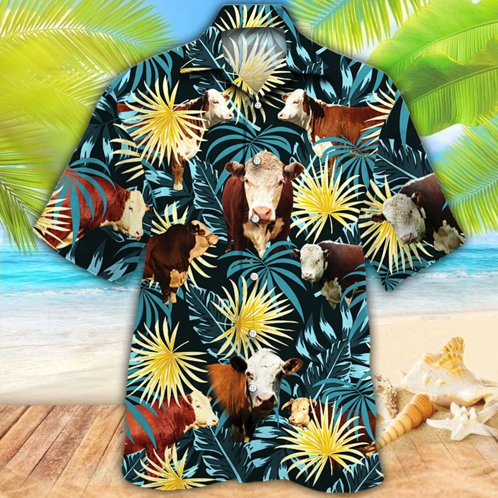 Hereford Cattle Lovers Blue And Yellow Plants Trendy Hawaiian Shirt Hereford Cattle Lovers Blue And Yellow Plants Trendy Hawaiian Shirt