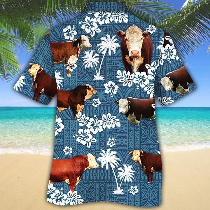 Hereford Cattle Lovers Blue Tribal Trendy Hawaiian Shirt, Cow Trendy Hawaiian Shirt For Summer Gifts