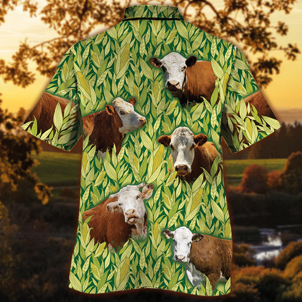 Hereford Cattle Lovers Corn Pattern Trendy Hawaiian Shirt, Cow Trendy Hawaiian Shirt For Summer Gifts