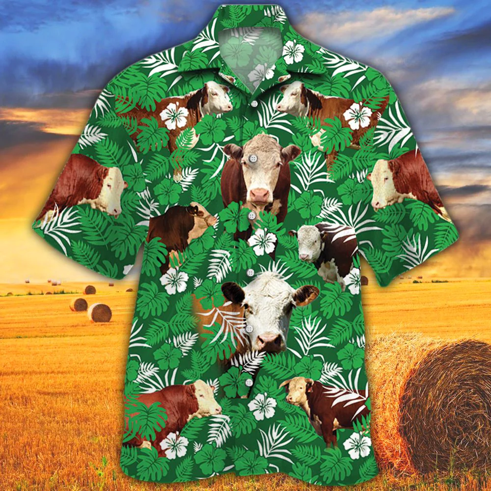 Hereford Cattle Lovers Green Floral Pattern Trendy Hawaiian Shirt, Cow Trendy Hawaiian Shirt For Summer Gifts