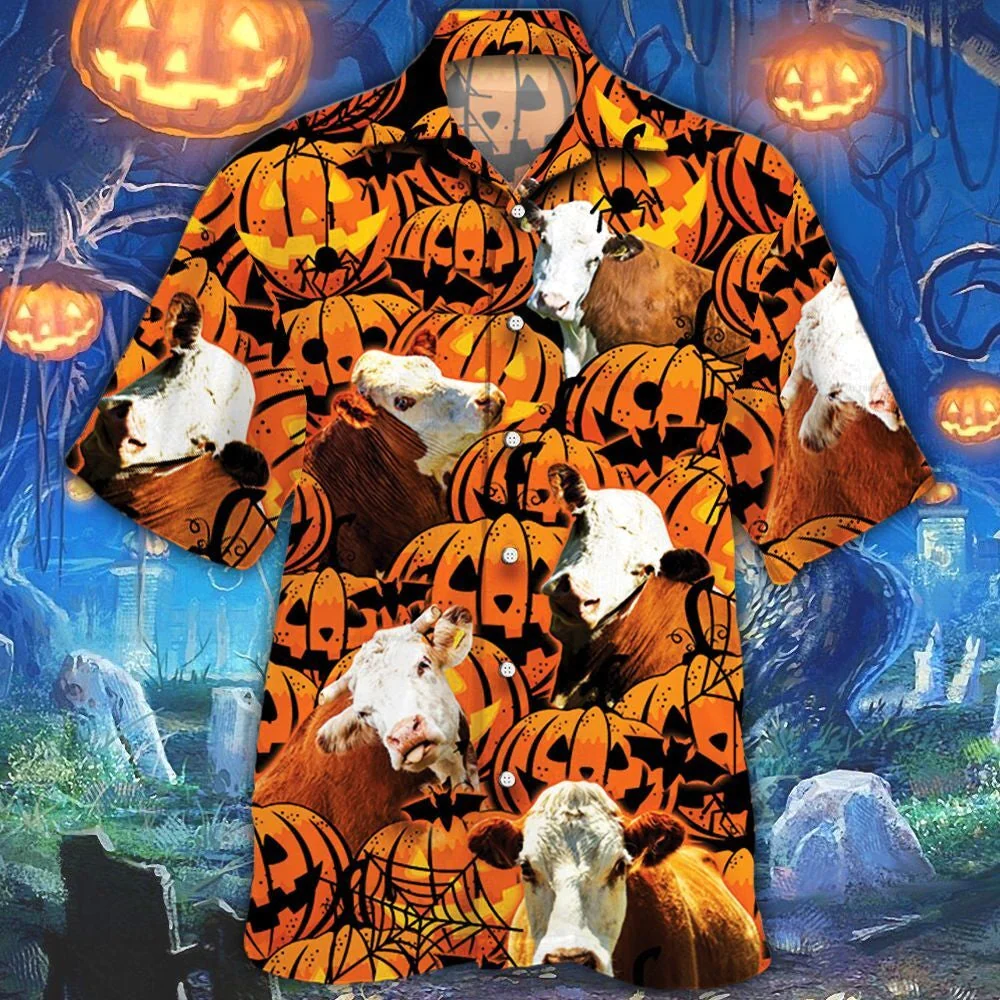 Hereford Cattle Lovers Halloween Pumpkin Trendy Hawaiian Shirt