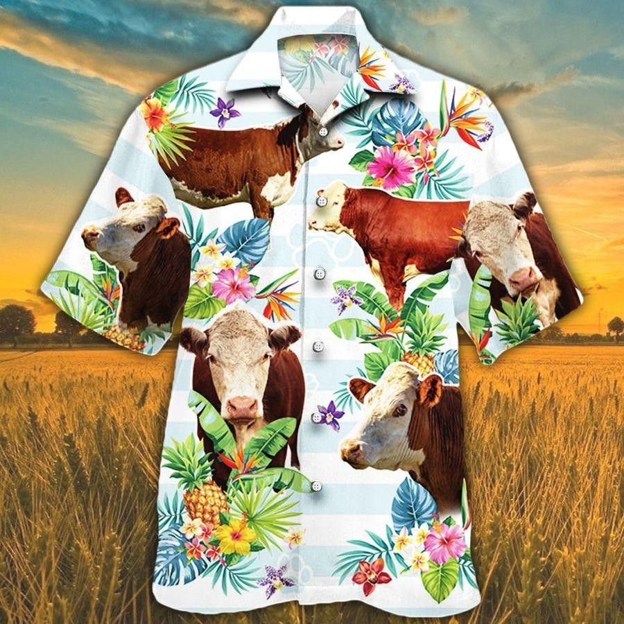 Hereford Cattle Lovers Hawaiian Shirt with Blossoming Tropical Flowers