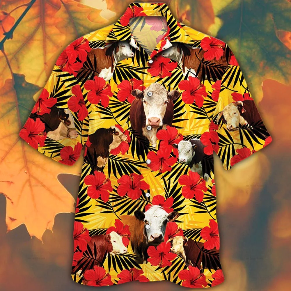 Hereford Cattle Lovers Hibiscus Flower Trendy Hawaiian Shirt Hereford Cattle Lovers Hibiscus Flower Trendy Hawaiian Shirt