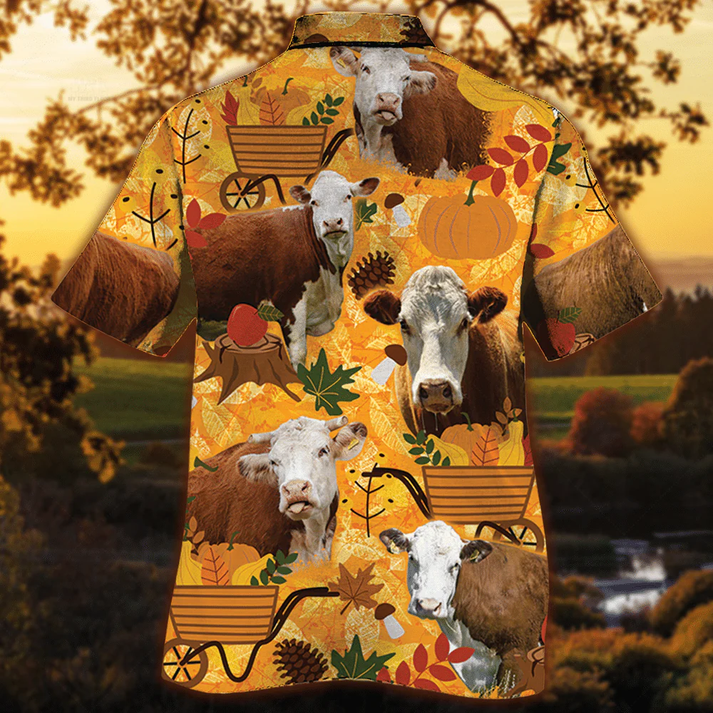 Hereford Cattle Lovers Orange Nature Autumn Trendy Hawaiian Shirt, Cow Trendy Hawaiian Shirt For Summer Gifts