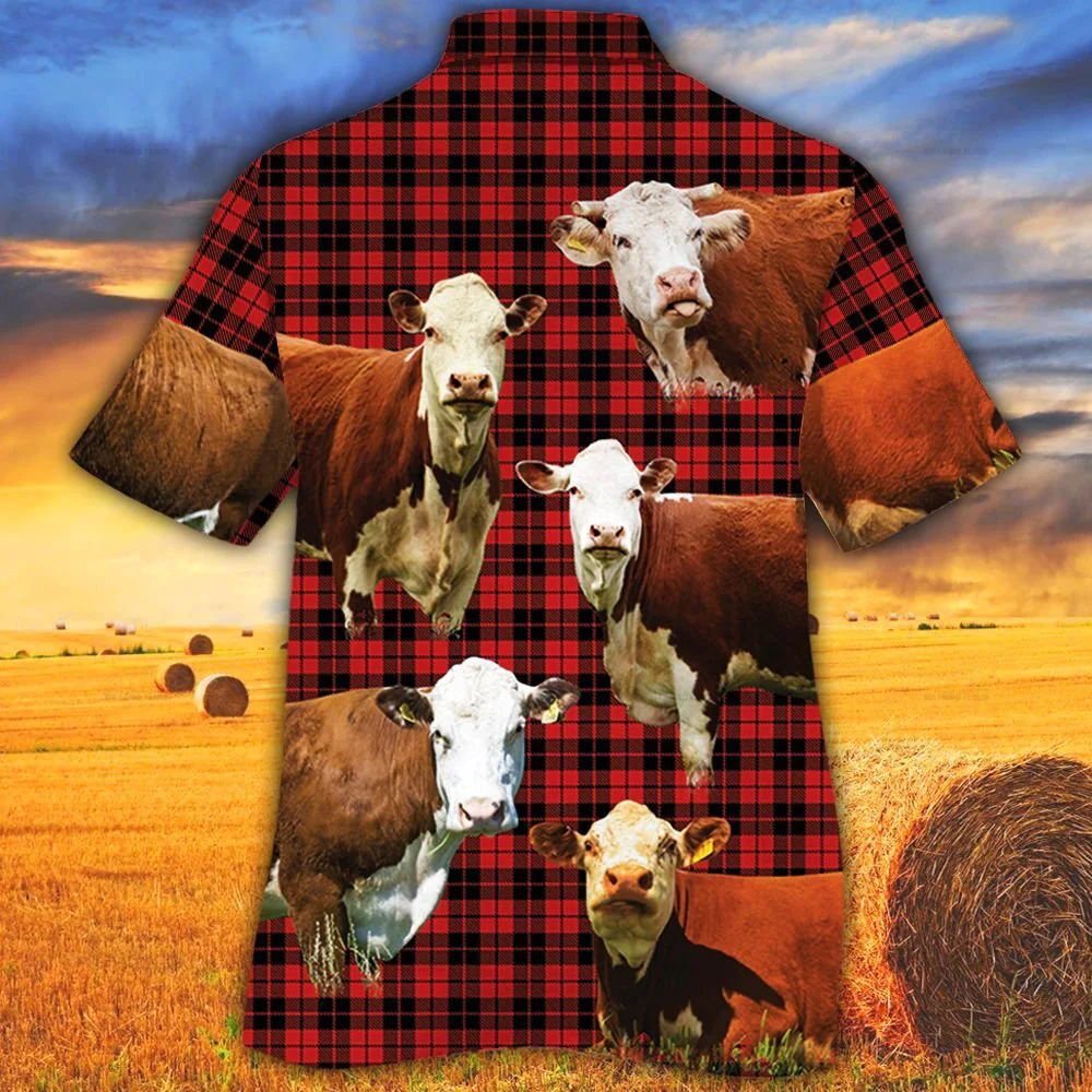 Hereford Cattle Lovers Red Tartan Pattern Trendy Hawaiian Shirt, Cow Trendy Hawaiian Shirt For Summer Gifts