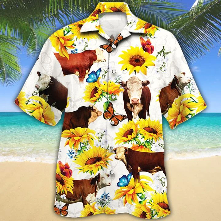 Hereford Cattle Lovers Sun Flower Trendy Hawaiian Shirt, Cow Trendy Hawaiian Shirt For Summer Gifts Hereford Cattle Lovers Sun Flower Trendy Hawaiian Shirt, Cow Trendy Hawaiian Shirt For Summer Gifts