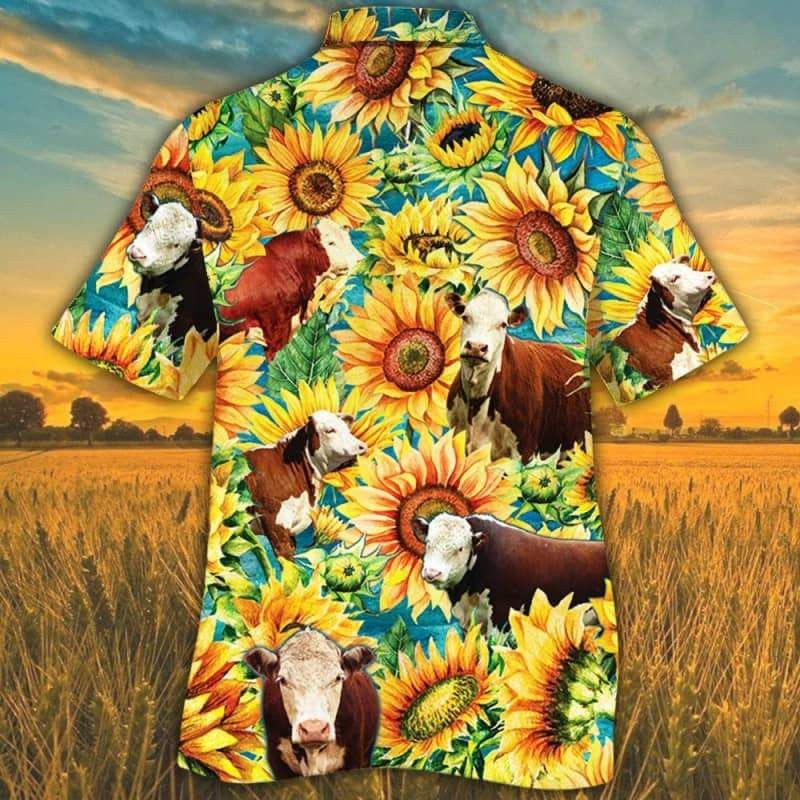 Hereford Cattle Lovers Sunflower Watercolor Trendy Hawaiian Shirt, Cow Trendy Hawaiian Shirt For Summer Gifts