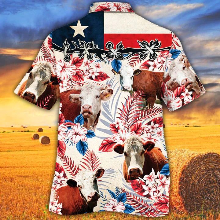Hereford Cattle Lovers Texas Flag Hawaiian Shirt, Cow Flower Aloha Shirt, Hawaiian Shirt Men, Women