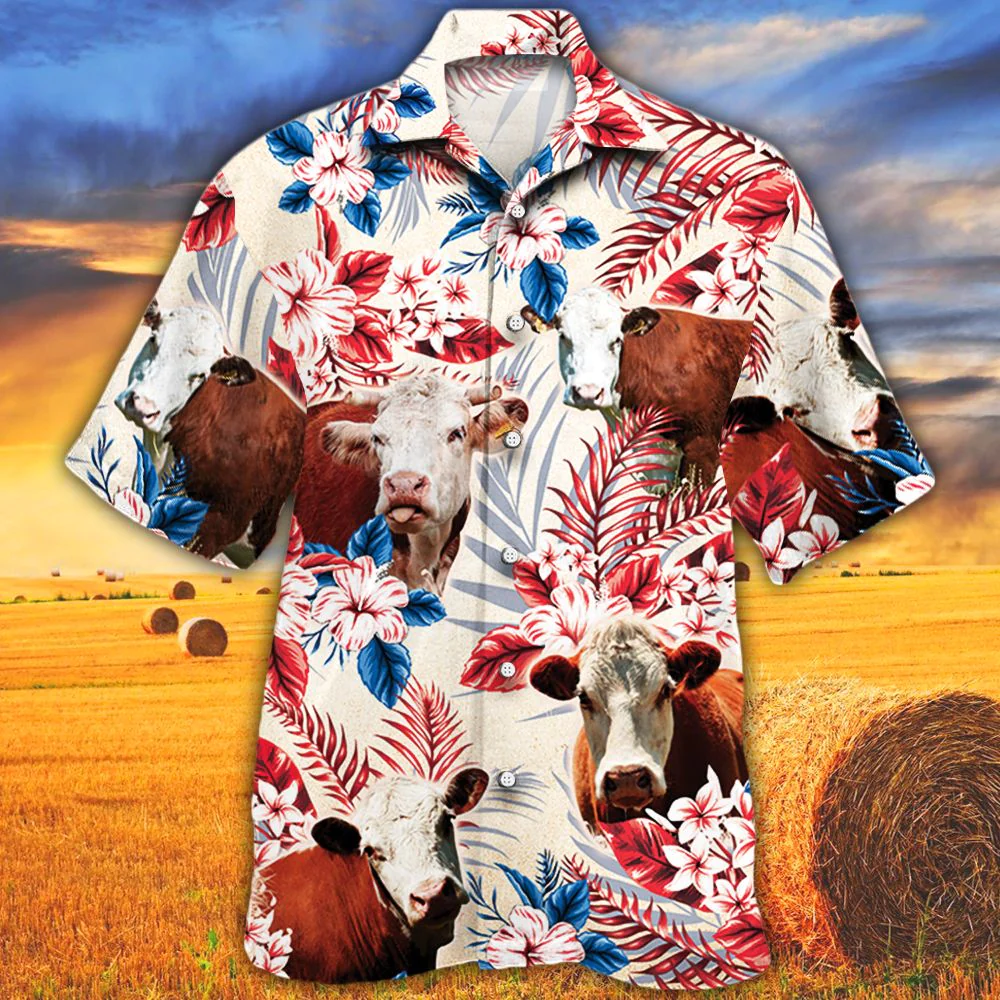 Hereford Cattle Lovers Texas Flag Trendy Hawaiian Shirt, Cow Trendy Hawaiian Shirt For Summer Gifts